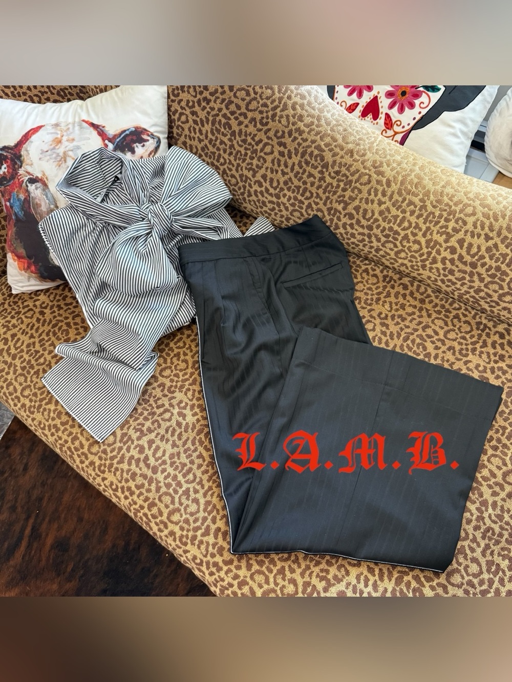 L.A.M.B. Black on Black Pinstripe Wide Leg Pants 6